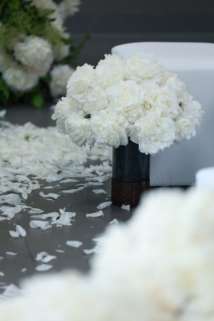 A stunning floral arrangement featuring a bouquet of large, creamy white carnations with ruffled petals, arranged in a sleek black and brown vase. The bouquet is placed on a table covered with white f