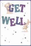 A gentle, uplifting spirit permeates this get well card, where a welcoming teddy bear and a cheerful, floppy-eared puppy animate the message with their affectionate personalities. They cradle and lean against the vibrant 'Get Well' letters, each color-deep indigo, rich teal, and playful violet-radiating hope and positivity across a softly luminous background. Sprays of stars sparkle overhead, conjuring a sense of magic akin to the serene stretches of Kingston Vale's woodlands. The texture of the bear's plush fur and the puppy's velvety ears seem almost touchable, recalling the comfort offered by freshly arranged bouquets from Kingston Vale florists. Every artistic stroke and rounded contour serves as a gentle balm-turning the card into a heartfelt gesture for a loved one's recovery somewhere along Kingston Hill or near the gates of Richmond Park, suffused with kindness and local, nurturing charm.